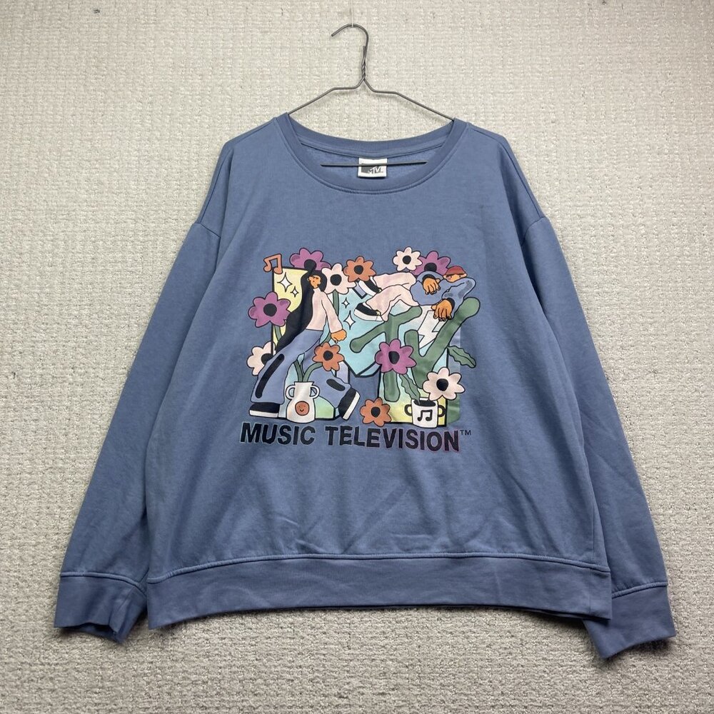 MTV Long Sleeve Crewneck Sweater Sweatshirt Wom Sz 2X Blue Groovy Graphic Floral